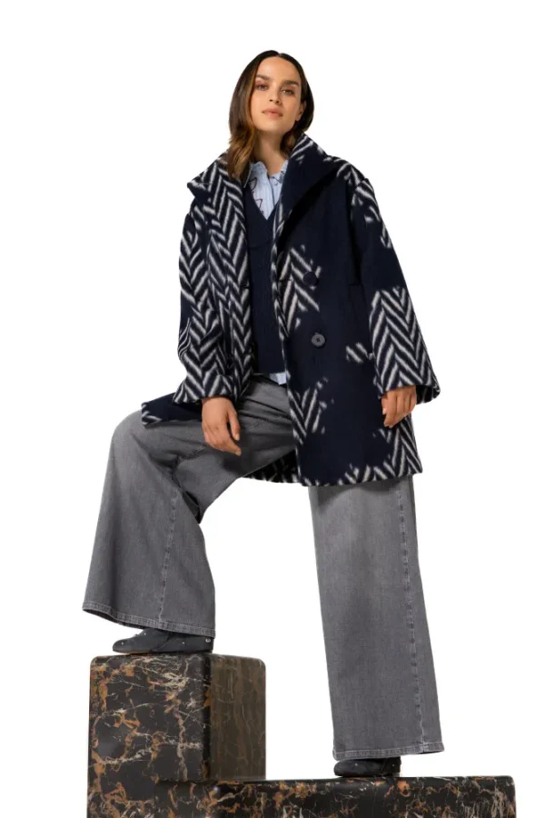 Manteau Mi-long Col Montant Manches Longues Boutonné Oversized Imprimé Chevrons – Image 2
