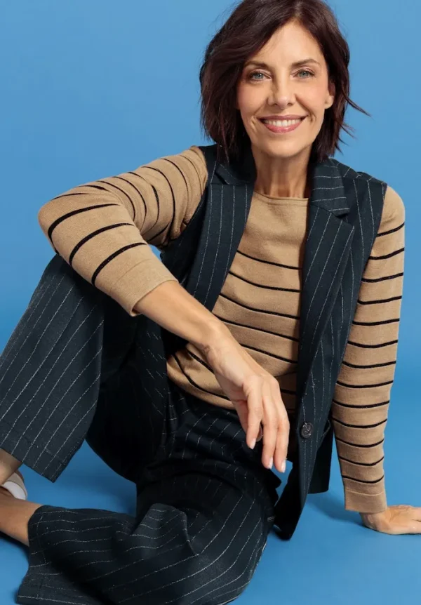 Blazer Sans Manches Deux Poches Boutonné Rayé – Image 4