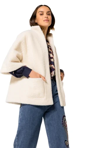 Veste Kimono Mi-longue Manches Trois-quarts Bord à Bord Deux Poches Peau Lainé Vegan  Réversible