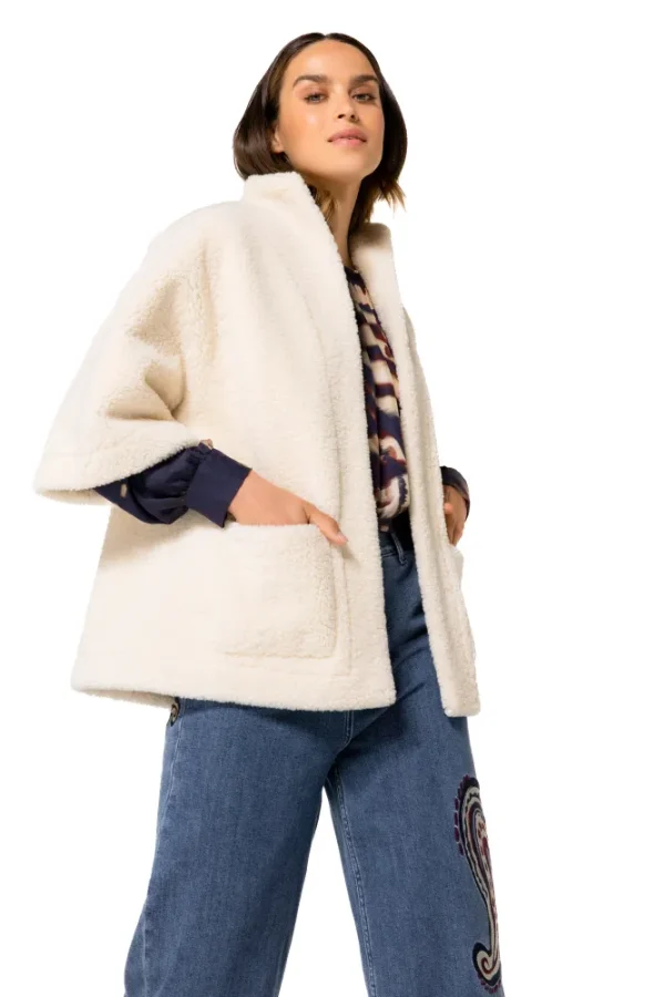 Veste Kimono Mi-longue Manches Trois-quarts Bord à Bord Deux Poches Peau Lainé Vegan  Réversible