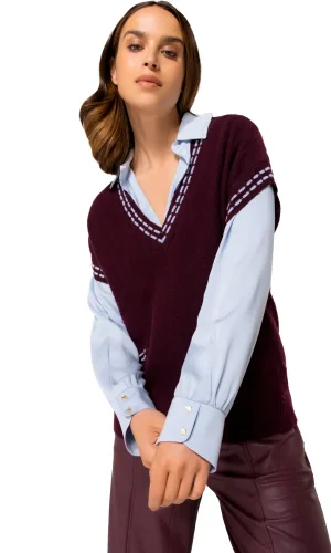 Pull Long Col V Sans Manches Deux Poches Surpiqûres Selliers