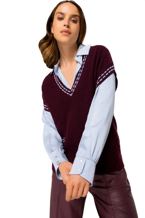 Pull Long Col V Sans Manches Deux Poches Surpiqûres Selliers