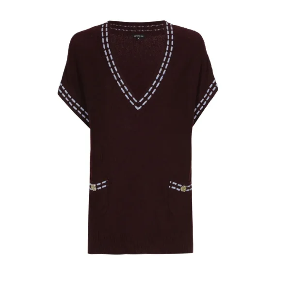 Pull Long Col V Sans Manches Deux Poches Surpiqûres Selliers – Image 4