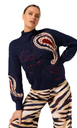 Pull Col Cheminée Manches Longues Motif Placé Dessin Cachemire