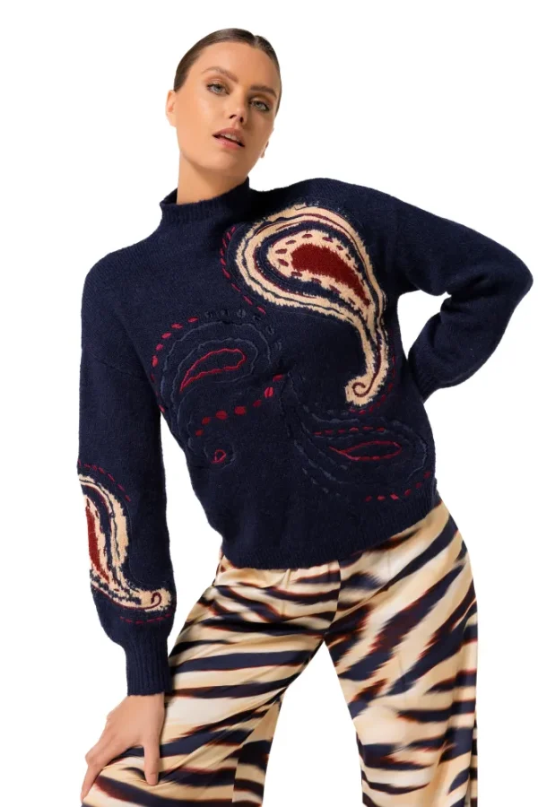 Pull Col Cheminée Manches Longues Motif Placé Dessin Cachemire