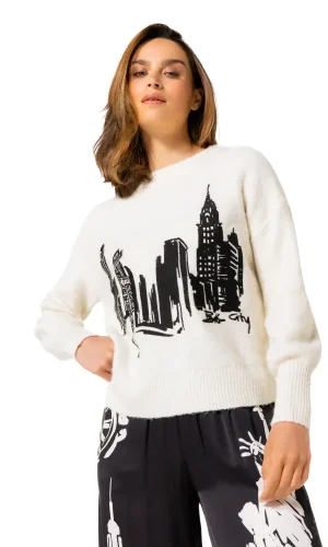 Pull Col Rond Manches Longues Motif Placé New York