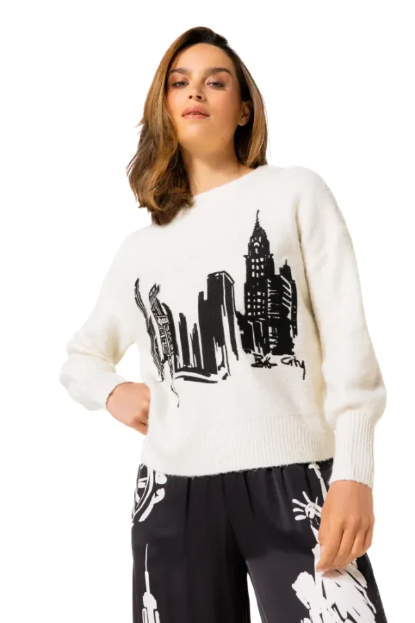 Pull Col Rond Manches Longues Motif Placé New York