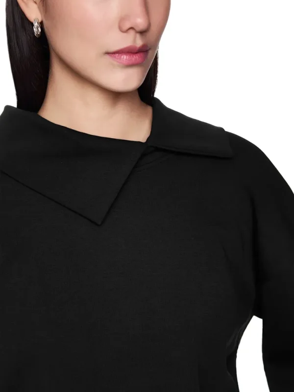 Sweat Col Chemise Décalé Manches Longues Uni – Image 3
