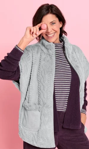 Gilet Col Montant Sans Manches Zippé Deux Poches Fausse Fourrure Torsadé Uni