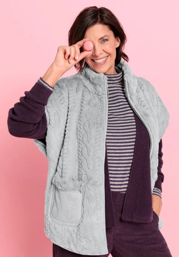 Gilet Col Montant Sans Manches Zippé Deux Poches Fausse Fourrure Torsadé Uni