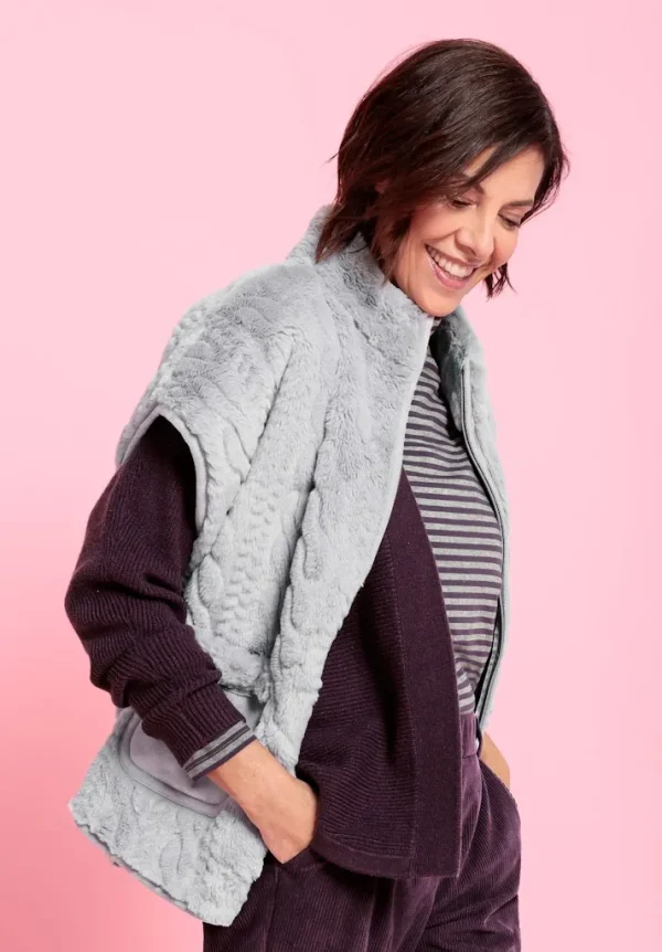 Gilet Col Montant Sans Manches Zippé Deux Poches Fausse Fourrure Torsadé Uni – Image 3