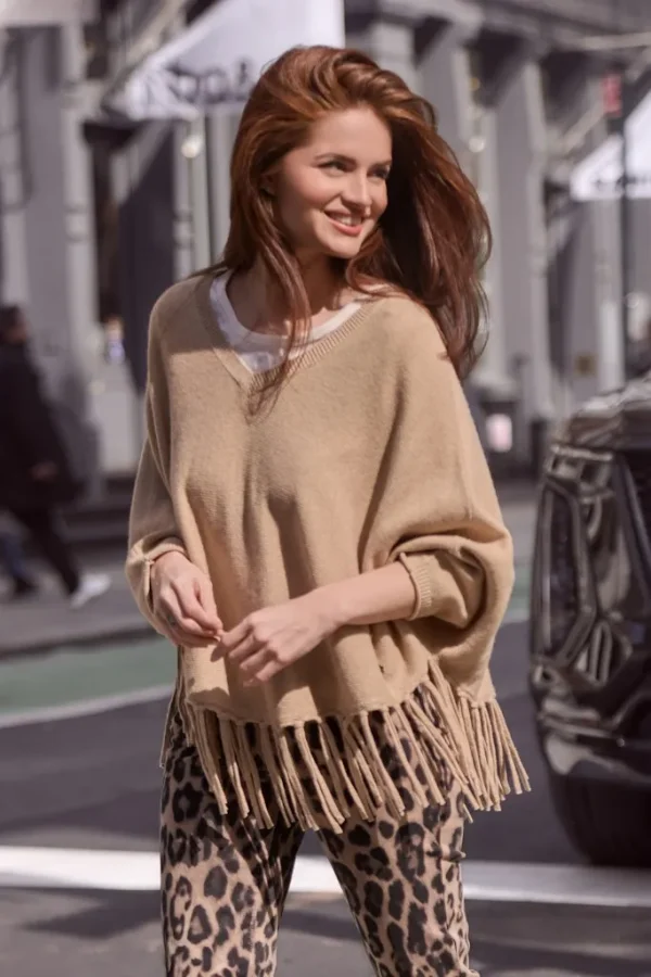 Poncho Col V Franges Uni – Image 4