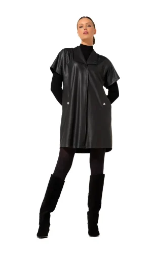 Robe Longueur Genoux Col V Châle Manches Courtes Deux Poches Faux Cuir
