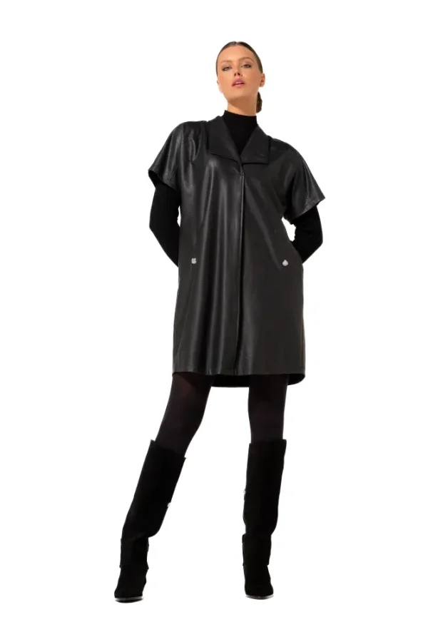 Robe Longueur Genoux Col V Châle Manches Courtes Deux Poches Faux Cuir