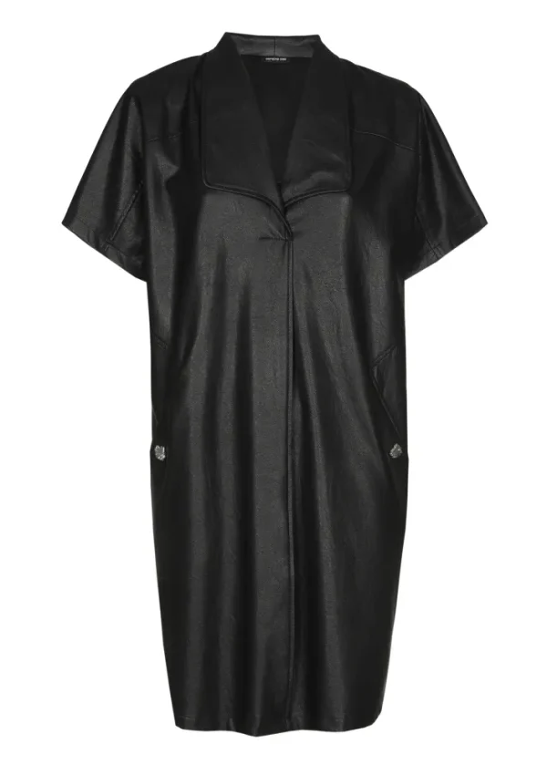 Robe Longueur Genoux Col V Châle Manches Courtes Deux Poches Faux Cuir – Image 3