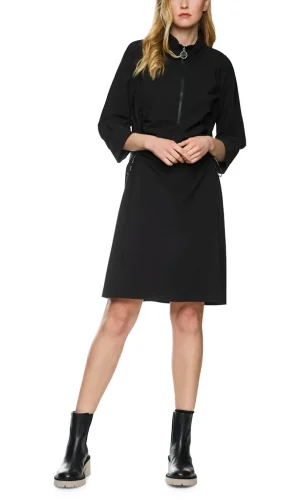 Robe Col V Zippé Manches Longues Longueur Genoux Face Froncée Unie Fluide