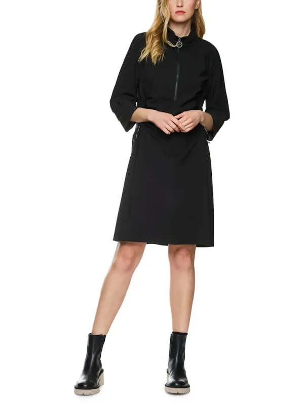 Robe Col V Zippé Manches Longues Longueur Genoux Face Froncée Unie Fluide