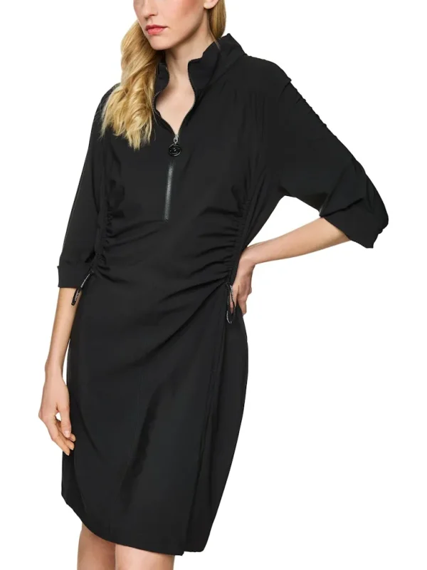 Robe Col V Zippé Manches Longues Longueur Genoux Face Froncée Unie Fluide – Image 5