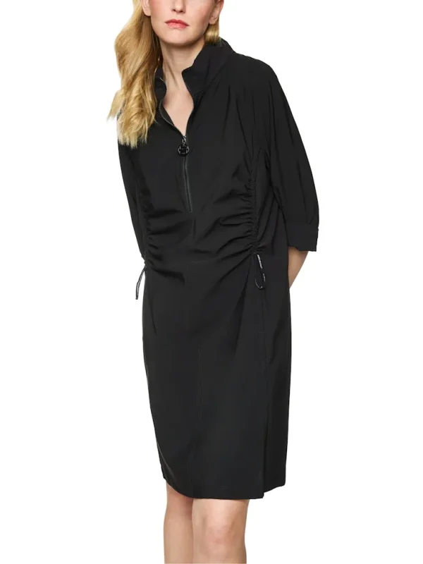 Robe Col V Zippé Manches Longues Longueur Genoux Face Froncée Unie Fluide – Image 6