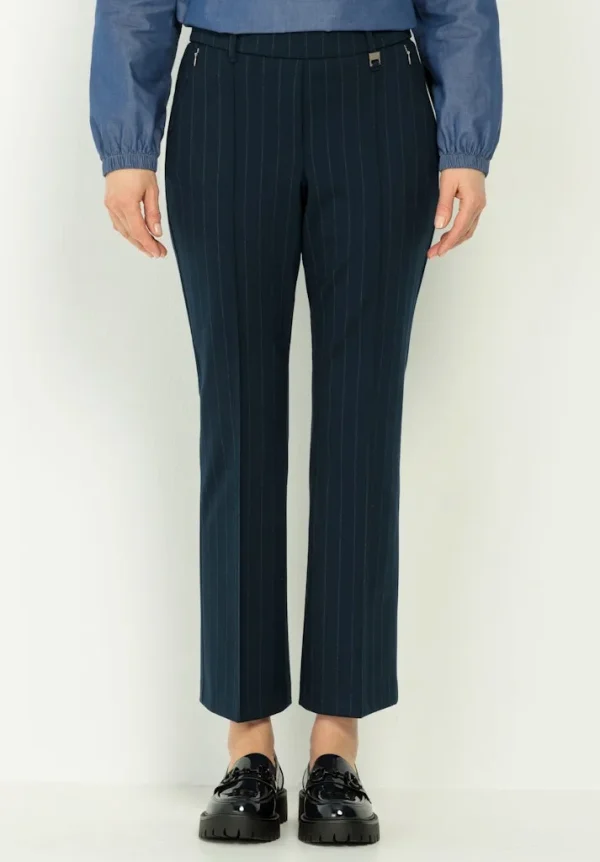 Pantalon Sept-huitième Taille Moyenne Elastique Deux Poches Zippées Droit Rayé – Image 4