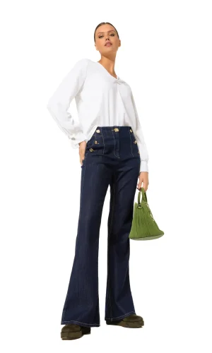 Pantalon Jean Long Taille Moyenne Boutons Motifs Bootcut Deux Poches