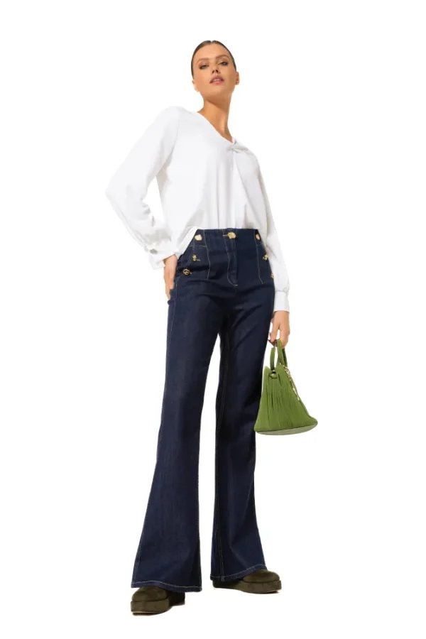 Pantalon Jean Long Taille Moyenne Boutons Motifs Bootcut Deux Poches