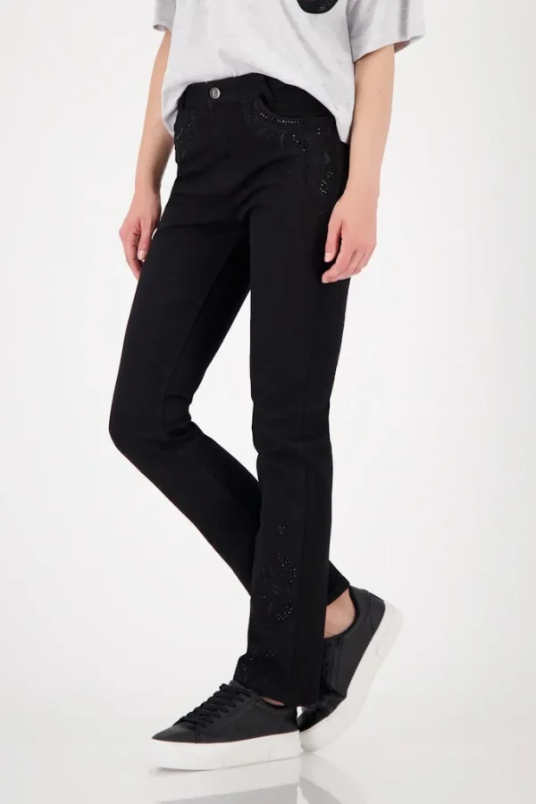 Pantalon Jean Long Taille Moyenne Cinq Poches Brodé Strass – Image 2
