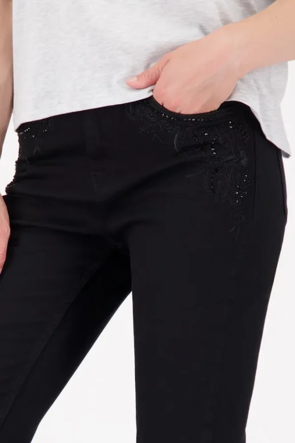 Pantalon Jean Long Taille Moyenne Cinq Poches Brodé Strass – Image 4