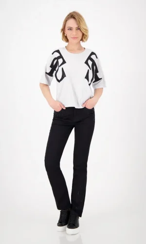 Pantalon Jean Long Taille Moyenne Cinq Poches Brodé Strass