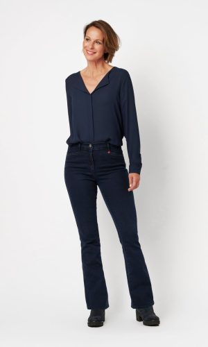 Pantalon Jean Long Taille Moyenne Élastique Quatre Poches Bootcut Uni Relaxed