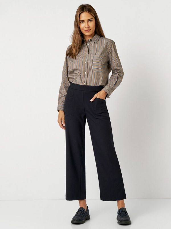 Pantalon Sept-huitième Taille Moyenne Élastique Deux Poches Uni Wideleg Gabardine