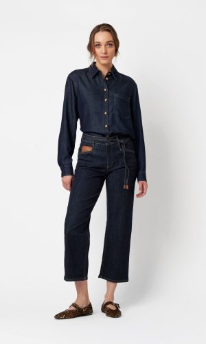 Pantalon Jean Sept-huitième Taille Moyenne Cordons Cinq Poches Wideleg