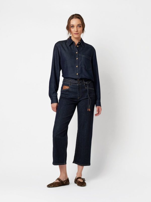 Pantalon Jean Sept-huitième Taille Moyenne Cordons Cinq Poches Wideleg