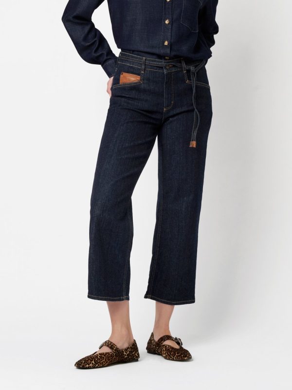 Pantalon Jean Sept-huitième Taille Moyenne Cordons Cinq Poches Wideleg – Image 2