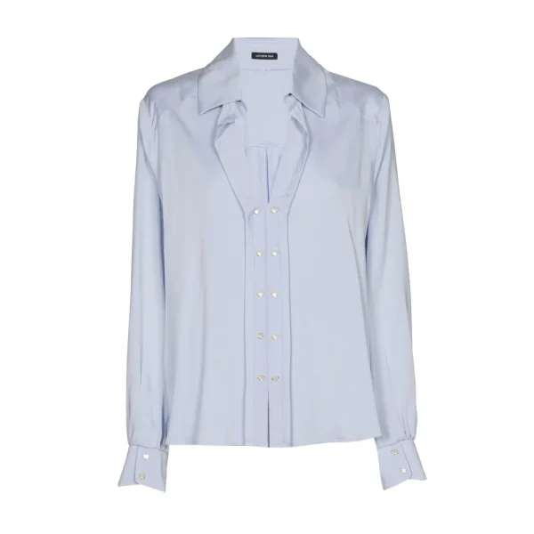 Blouse Col V Manches Longues Boutons Métal Unie – Image 2
