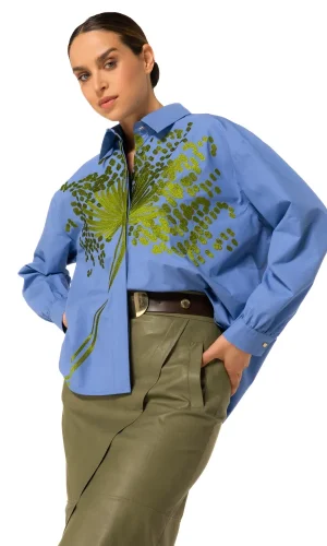 Chemise Manches Longues Oversized Brodée Motif Lion Flower