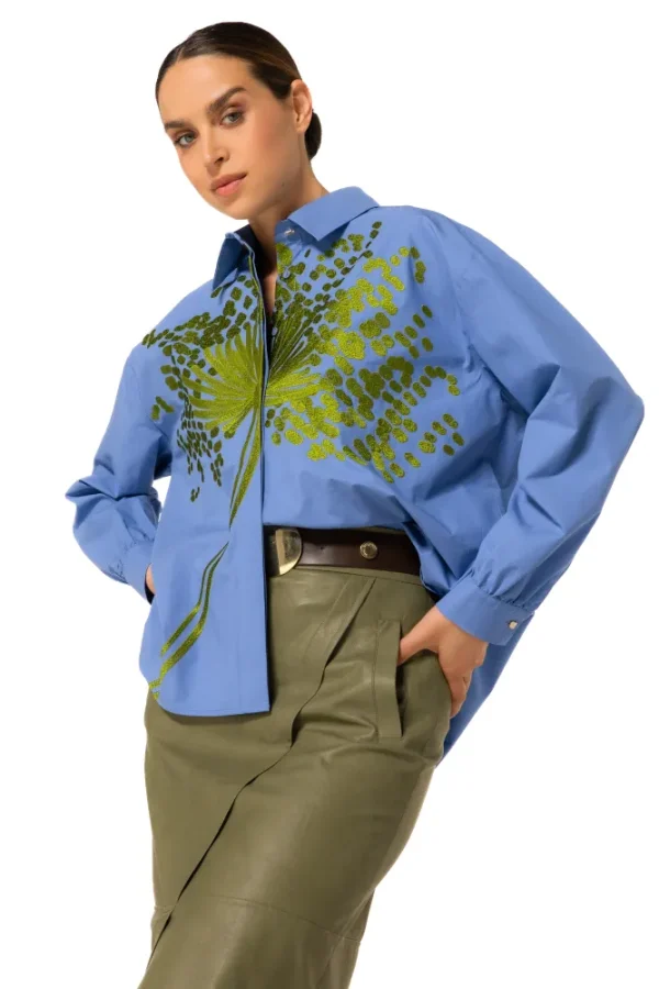 Chemise Manches Longues Oversized Brodée Motif Lion Flower