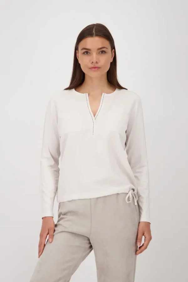 Blouse Col V Manches Longues Cordon Bas Strass Unie