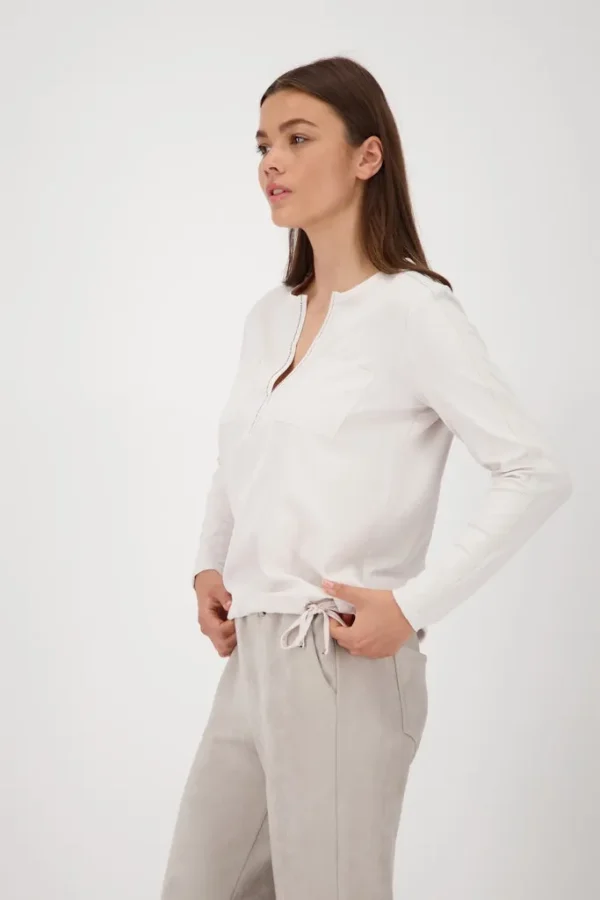 Blouse Col V Manches Longues Cordon Bas Strass Unie – Image 2