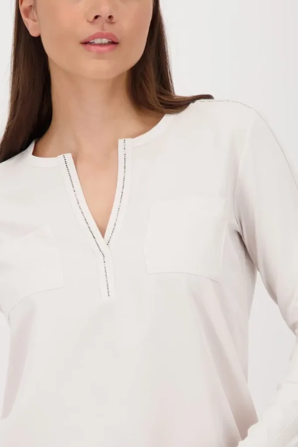 Blouse Col V Manches Longues Cordon Bas Strass Unie – Image 4