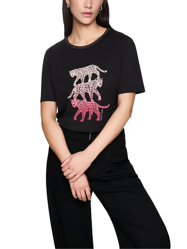 Tee Shirt Col Rond Manches Courtes Motif Placé Léopard – Image 5