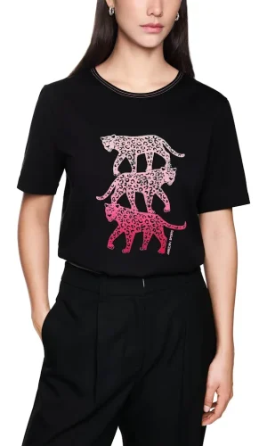 Tee Shirt Col Rond Manches Courtes Motif Placé Léopard