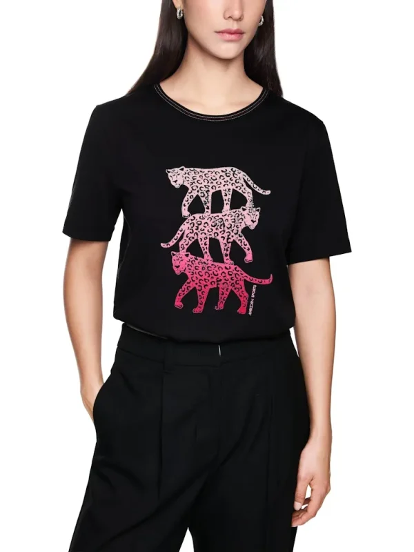 Tee Shirt Col Rond Manches Courtes Motif Placé Léopard