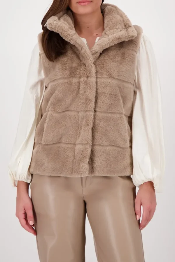 Veste Sans Manche Col Montant Fermeture Pressions Fausse Fourrure