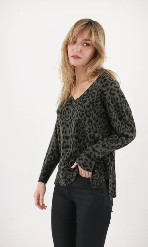 Pull Col V Manches Longues Imprimé Léopard Dos Plus Long Cachemire