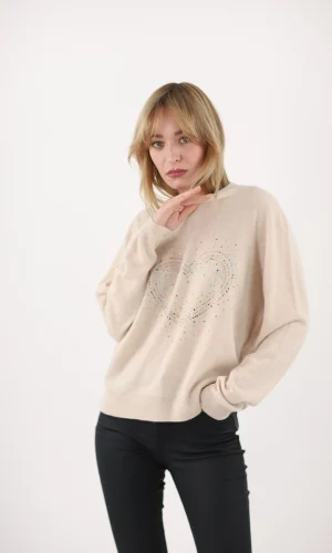 Pull Col Rond Manches Longues Motif Placé Strass Cœur Cachemire