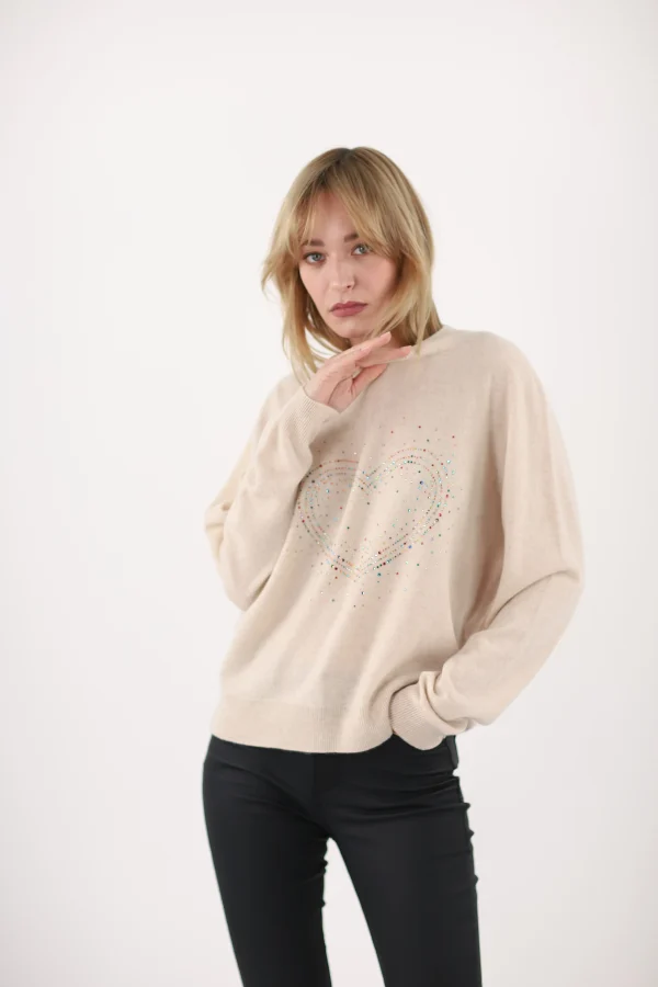 Pull Col Rond Manches Longues Motif Placé Strass Cœur Cachemire