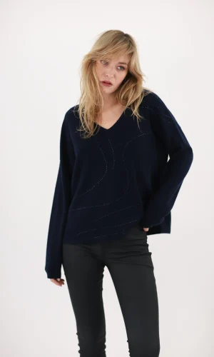 Pull Col V Manches Longues Strass En Vagues Cachemire