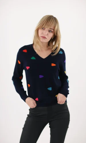 Pull Col V Manches Longues Motif Cœurs Cachemire