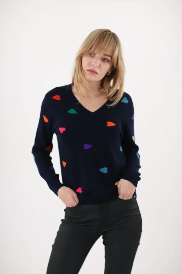 Pull Col V Manches Longues Motif Cœurs Cachemire